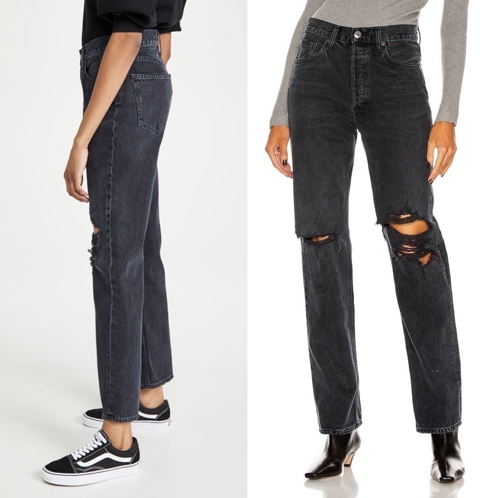 AGOLDE 90s Washed Black Distressed Denim Rip Knee Straight Leg Relaxed Jeans 23 - Picture 12 of 15